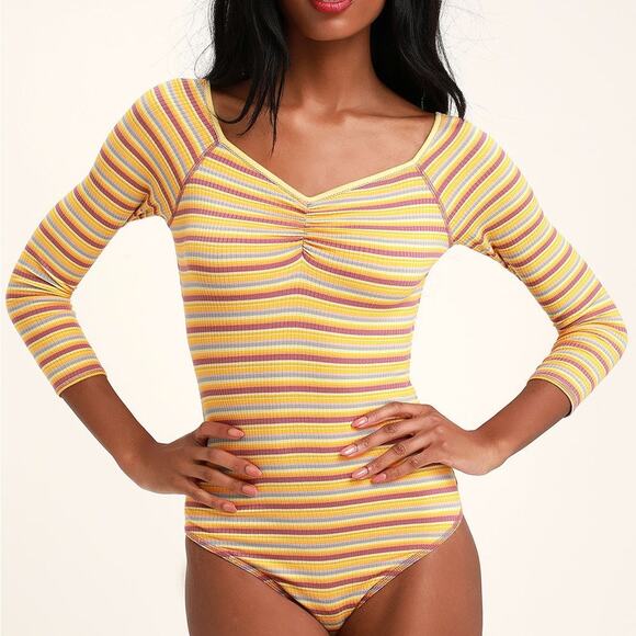 Free People Womens Put A Stripe On It Bodysuit Yellow Combo Size Small - Picture 1 of 16